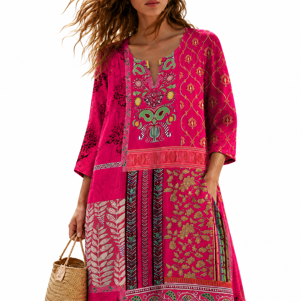 HOLLIE Patterned V-Neck Midi Dress