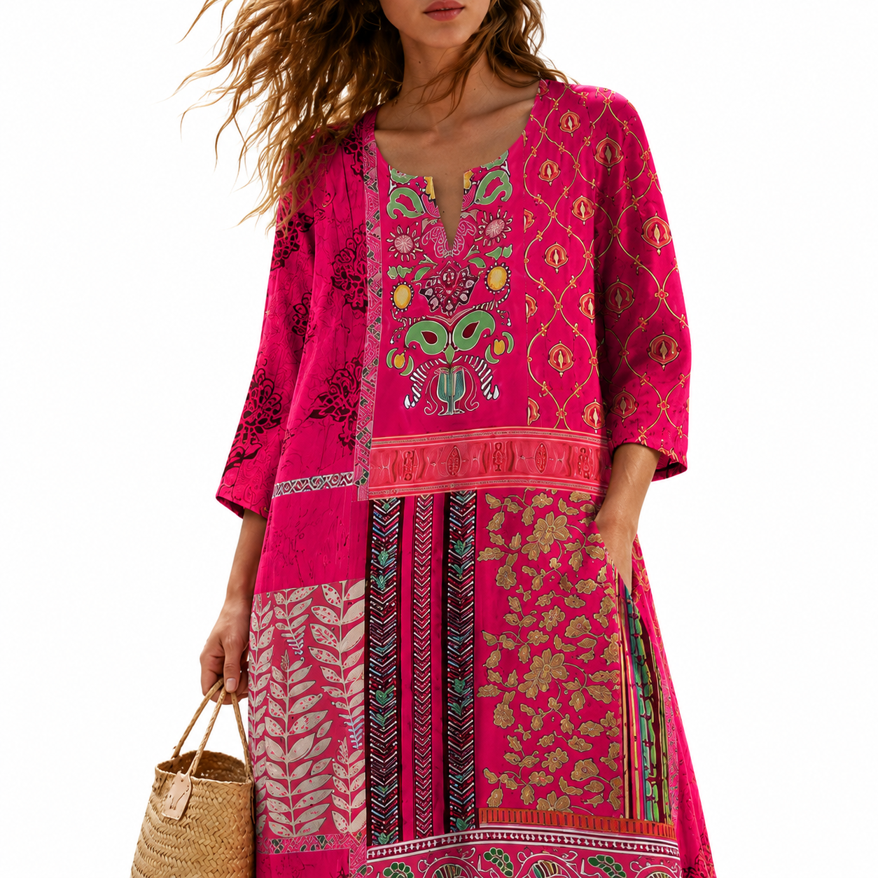 HOLLIE Patterned V-Neck Midi Dress